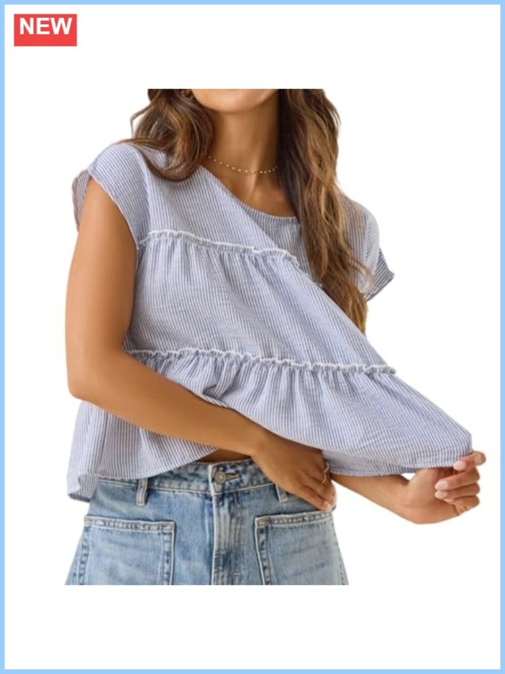 Womens Tiered Boho Blouse Striped Ruffle Peplum Short Sleeve Crop Top